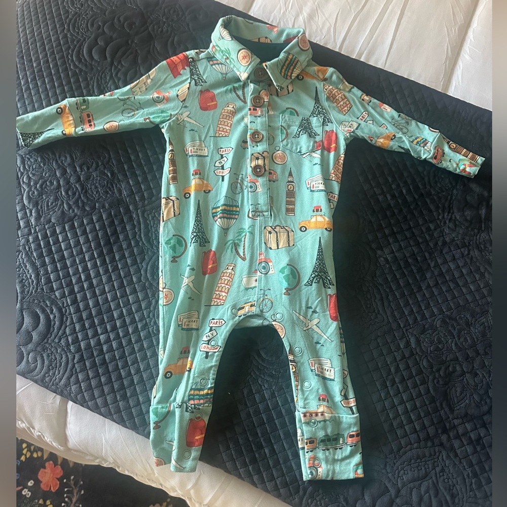 Posh Aqua Kids One Piece with Travel Print